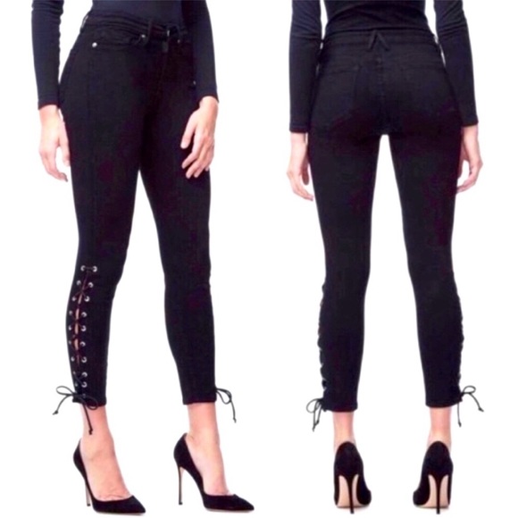Good American Denim - GOOD AMERICAN Solid Black Lace Up Skinny Jeans Denim Size 4/27 NWT